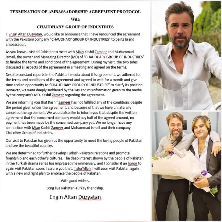 Engin Altan Duzyatan's Official Statement as he terminates ambassadorship agreement with Chaudhary Group of Companies